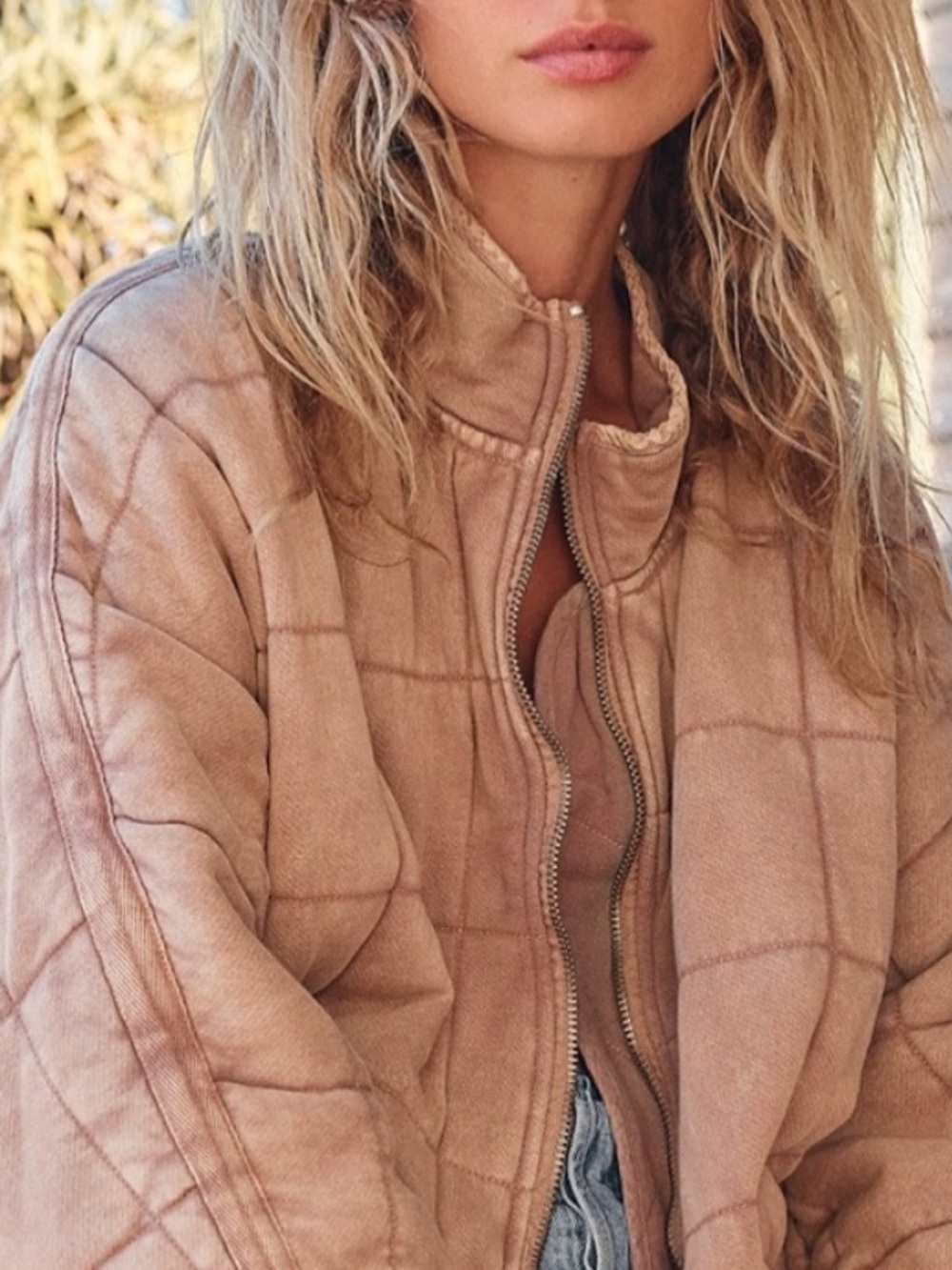 Free People Quilted Suede-Look Bomber Jacket in Tan